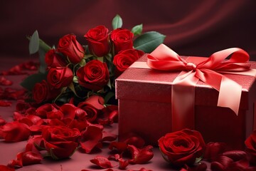 A red box with a bow lies among the petals of red roses/ Valentine's Day. Birthday. Holiday. Present. copyspace