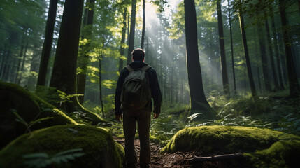 A man walks through the forest in the morning.
