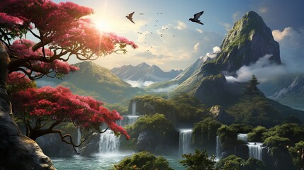 Painting of a tropical forest in the mountains - obrazy, fototapety, plakaty