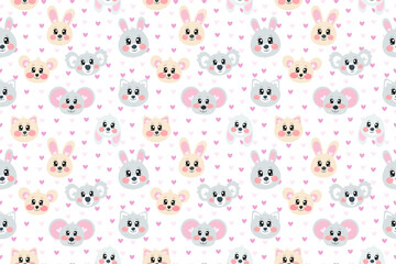 Seamless pattern with cartoon kawaii cute happy sweet face, head of bunny, cat, mouse and koala face with hearts for children, kids, baby isolated on white background © Olga Voron