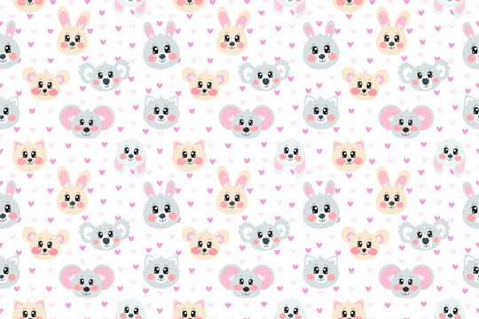 Seamless pattern with cartoon kawaii cute happy sweet face, head of bunny, cat, mouse and koala face with hearts for children, kids, baby isolated on white background
