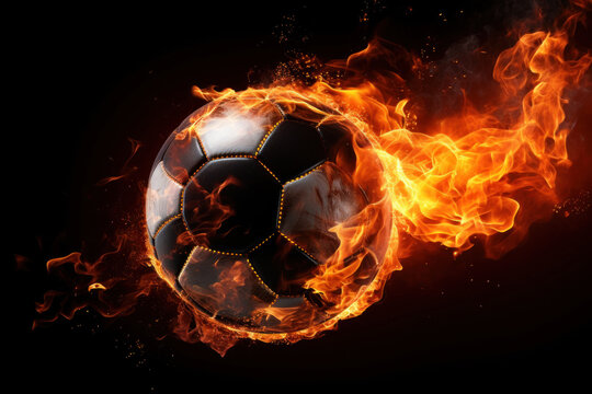 Burning football ball bright flamy symbol abstract on black background.