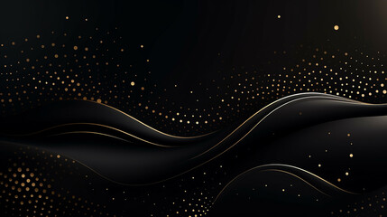 luxury black background with a combination glowing golden dots with 3d style. - obrazy, fototapety, plakaty