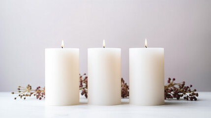Obraz na płótnie Canvas three white candles are sitting on a table
