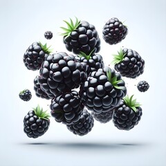 Ripe blackberries levitate and  white background