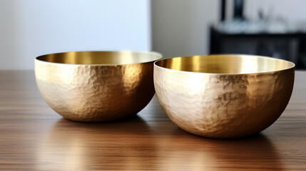 two golden bowls sitting on a wooden table
