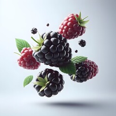 Ripe blackberries levitate and  white background