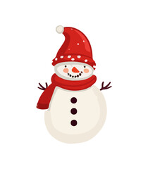 Snowman with a scarf, gloves and hat isolated in a white background in cartoon watercolor style. Flat design. Vector illustration.