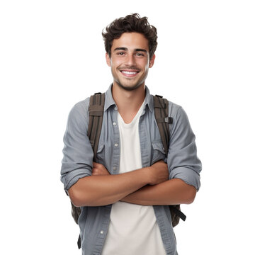 Young fresh university student posing crossing arms over isolated transparent background