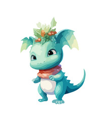 Vector cute Christmas dragon. Symbol of the New Year. Dinosaur illustration in watercolor style isolated on white background.