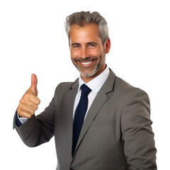 Mature happy man giving thumbs up and smiling over isolated transparent background