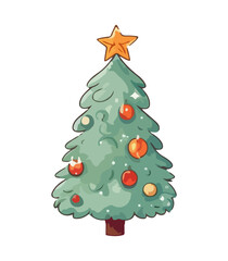 Vector illustration of decorated Christmas tree in snow on white background. Green fluffy xmas pine, isolated on white background. Cute Christmas tree in cartoon watercolor style.