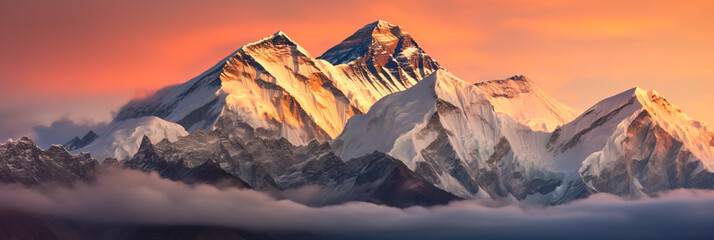 Mount Everest, Himalayas at sunrise with rocky snowy peak mountains