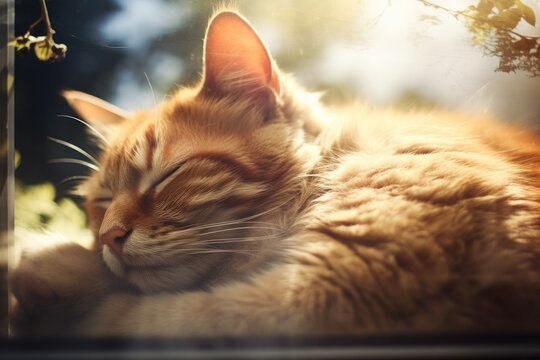 Portrait Of A lazy cat lying down in the sunny, napping and dreaming, AI Generative