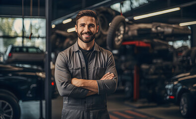A male auto mechanic working at an auto body shop. - obrazy, fototapety, plakaty
