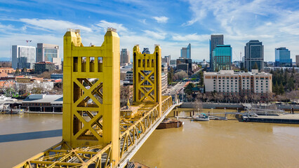 Aerial image of the Tower Bridge in Sacramento, California with the downtown city scape in the background