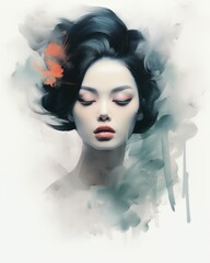 Serenity in Minimalism: Geisha Face with Colored Smoke - Artistic Pop Art Painting. Generative AI 