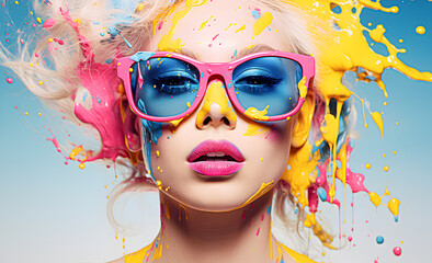 Multicolored paint splatters on the face of a man wearing pink sunglasses.
