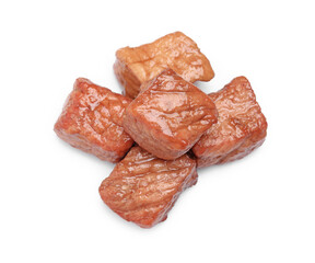 Pieces of delicious cooked beef isolated on white, above view. Tasty goulash