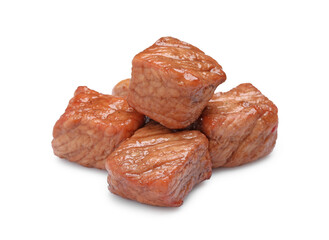 Pieces of delicious cooked beef isolated on white. Tasty goulash