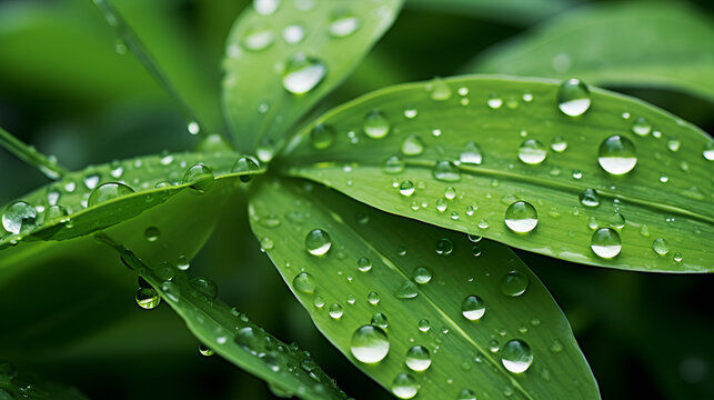 Grass blades background with dew drops, A close up image of lush green plant leaves adorned with fresh water droplets set against a dark backdrop. Generative AI., Beautiful water drops after rain on

