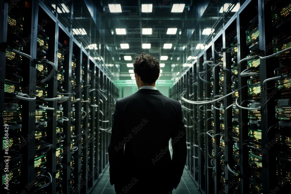 Poster man data center. worker computer. generate ai