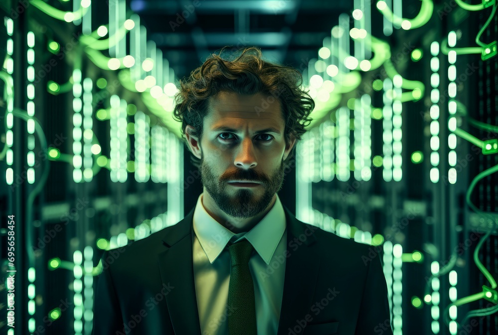 Poster high-tech man data center. worker computer. generate ai