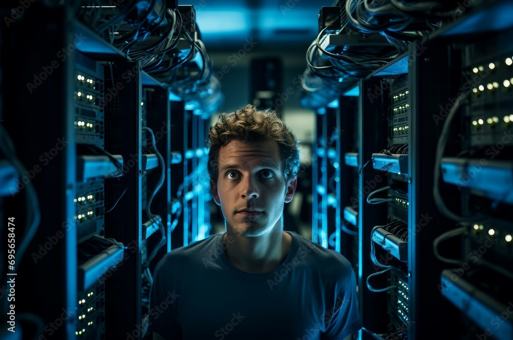 Poster secure man data center. worker computer. generate ai