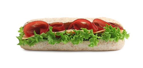 Delicious sandwich with bresaola, cheese and lettuce isolated on white