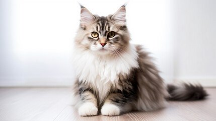 a fluffy cat sitting on the floor looking at the camera