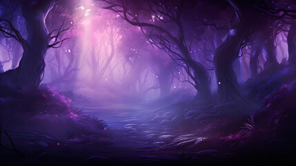 A mystical forest with a purple background. - obrazy, fototapety, plakaty