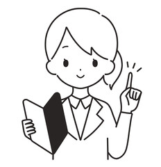 モノクロ｜初心者マークを持つスーツの女性｜指差し