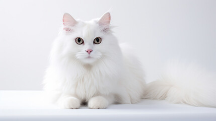 a white cat sitting on a white surface