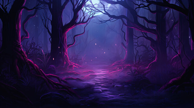 A mystical forest with a purple background.