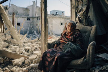 Sad elderly woman sitting next to the ruined house by bomb