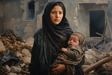 Woman in black with the baby next to the ruined house by bomb