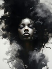 Monochrome Minimalism: Expressive Black Women's Portrait in Artistic Popart Style, Light Tones & Rough Brushstrokes. Generative AI