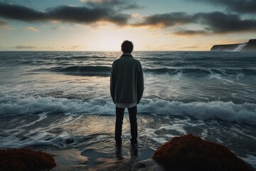 Contemplative Man standing on shore. Sunrise scenery. Generate Ai