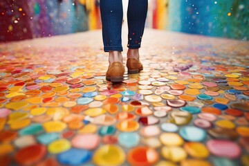 Close-up of a person's feet walking on a colorful, abstract path.