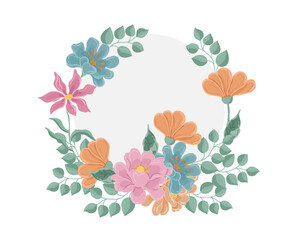 Hand Drawn Pastel Rose and Clematis Flower Wreath