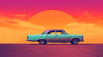 Fototapeta na wymiar A vintage car parked against a retro gradient background.