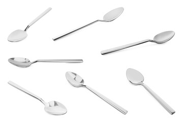 Silver spoon isolated on white, different sides. Kitchen utensil