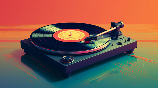 A vintage record player on a retro gradient background.