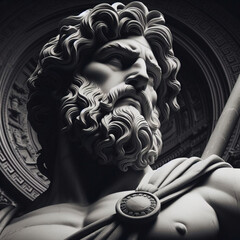 Image of a white marble statue bust of a roman soldier or the demigod hero Hercules. According to Greek mythology, despite not being a God, Hercules was welcomed into Mount Olympus.