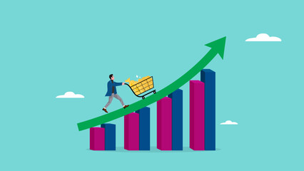 business growth using marketing illustration with the concept of businessman pushing a shopping cart containing gold coins on growth graph, affiliate program marketing concept vector illustration
