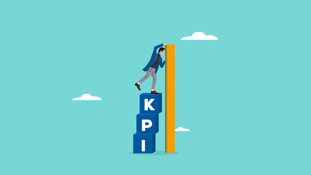 KPI, key performance indicator measurement to evaluate business success illustration with concept of businessman who is measuring a stack of KPI boxes to measure business performance