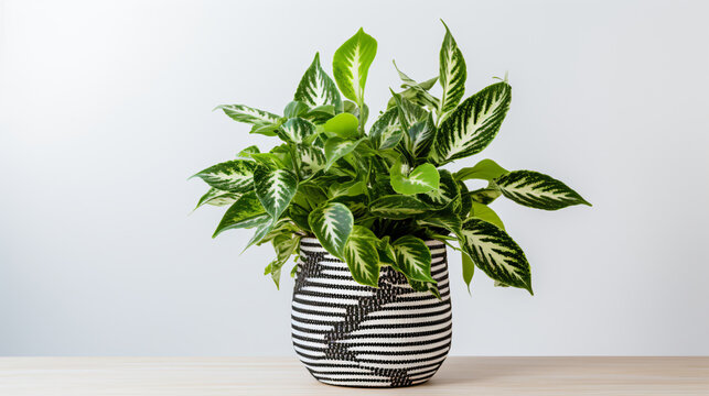 a potted plant with a striped black and white vase