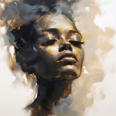 Ethereal Black Woman's Profile Portrait in Smoke: Contemporary Minimalistic Art with Faded Tones and Brushstrokes. Generative AI