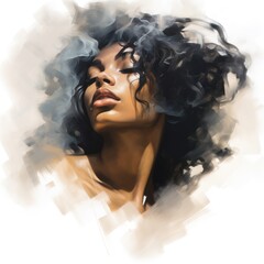 Ethereal Black Woman's Profile Portrait in Smoke: Contemporary Minimalistic Art with Faded Tones and Brushstrokes. Generative AI - obrazy, fototapety, plakaty