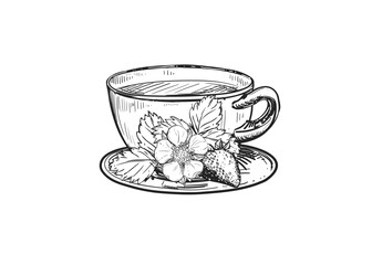 Hand drawn sketch black and white illustration cup of tea strawberry, leaf, berry, flower. Vector illustration. Elements in graphic style label, sticker, menu, package. Engraved style.